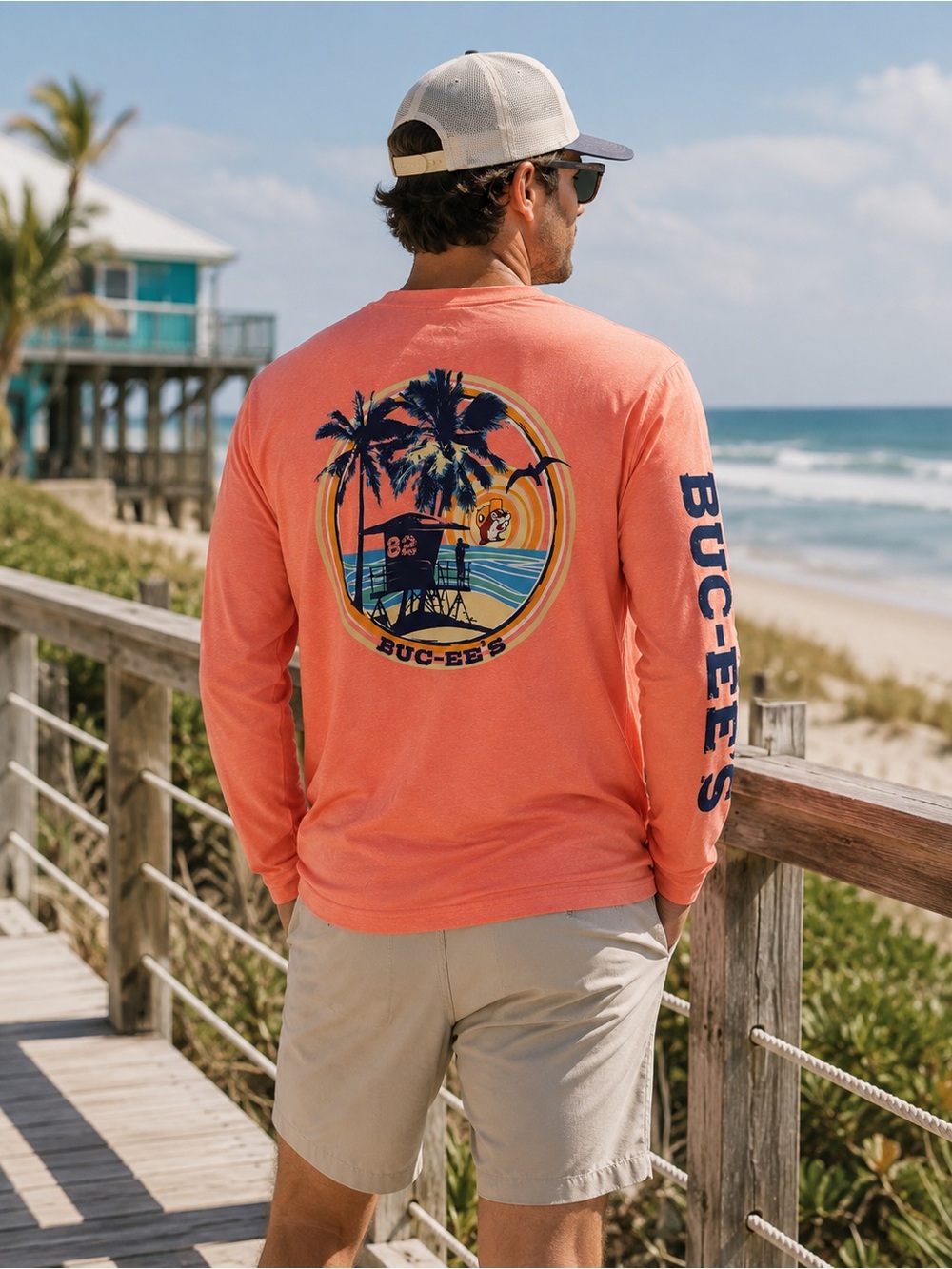 Buc-ee’s Coral Palm Tree Beach Long Sleeve Performance Shirt L Unisex